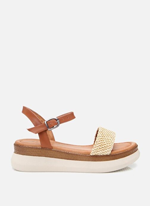 Kadın Bej Hasır Detaylı Comfort Düz Sandalet - Görsel 2