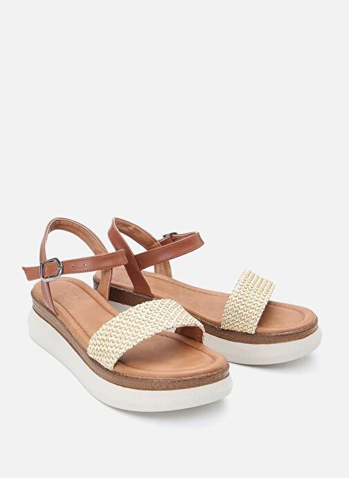Kadın Bej Hasır Detaylı Comfort Düz Sandalet - Görsel 3