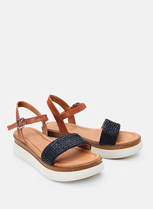 Kadın Siyah Hasır Detaylı Comfort Düz Sandalet - Görsel 3