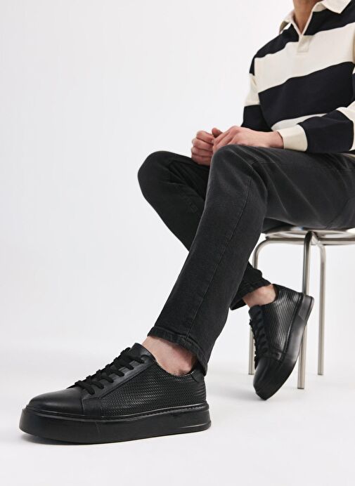 Erkek Deri Siyah Hafif Tabanlı Spor Ayakkabı - Görsel 2