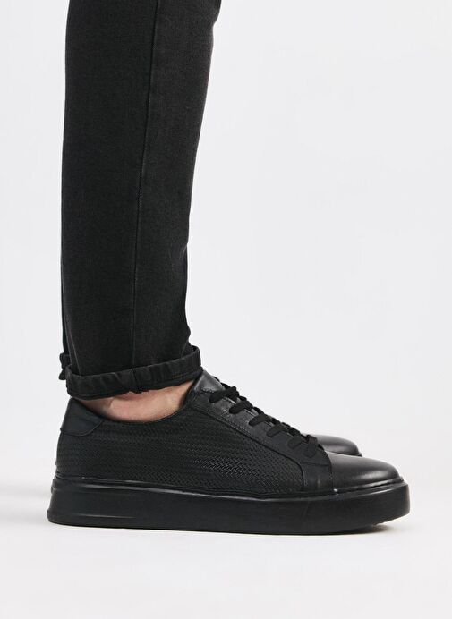 Erkek Deri Siyah Hafif Tabanlı Spor Ayakkabı - Görsel 3