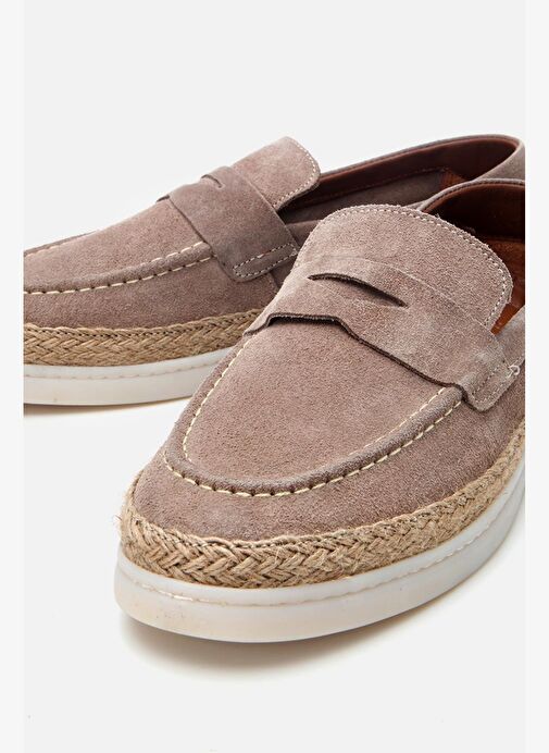 Erkek Süet Deri Bej Hasır Detaylı Günlük Loafer - Görsel 4