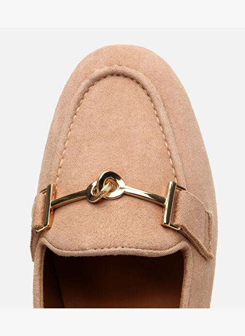 Kadın Süet Deri Bej Tokalı Klasik Loafer - Görsel 5