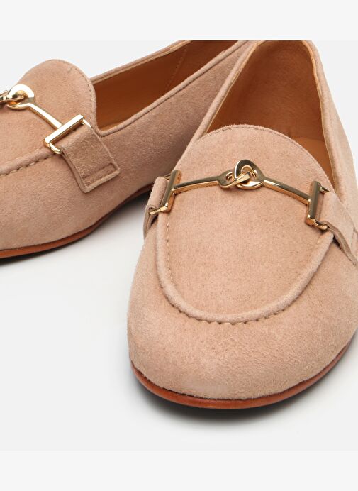 Kadın Süet Deri Bej Tokalı Klasik Loafer - Görsel 4