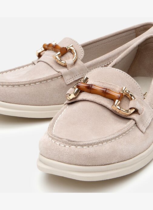 Kadın Süet Deri Bej Tokalı Günlük Loafer - Görsel 4