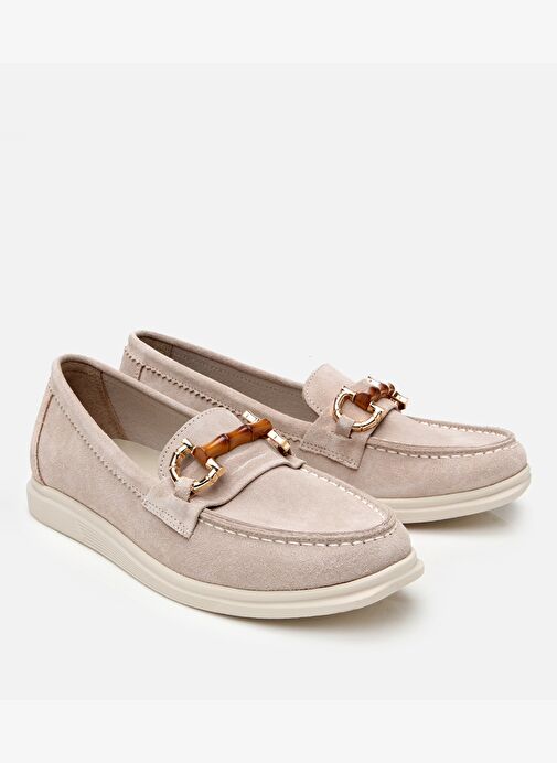 Kadın Süet Deri Bej Tokalı Günlük Loafer - Görsel 3