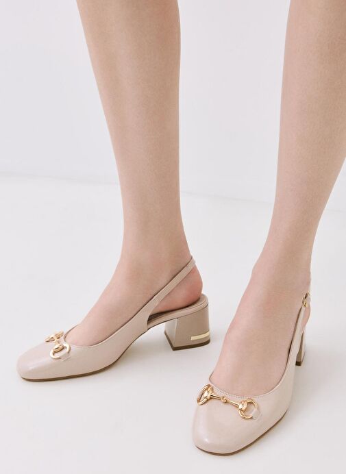 Kadın Rugan Bej Tokalı Arkası Açık Topuklu Ayakkabı - Görsel 2