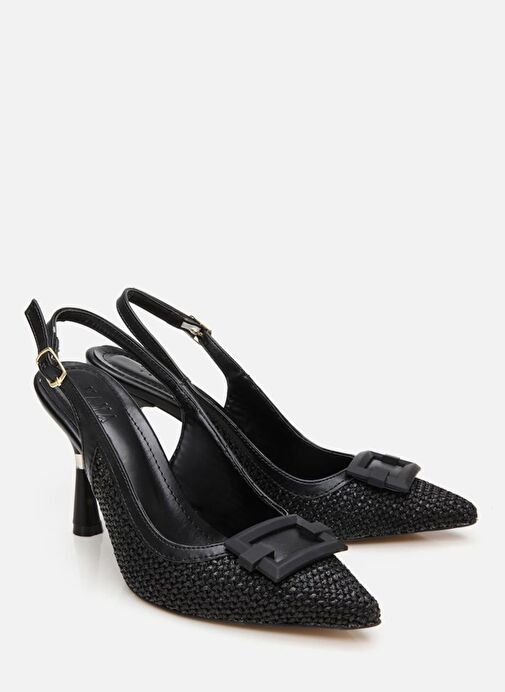 Kadın Siyah Hasır Detaylı Arkası Açık Topuklu Ayakkabı - Görsel 3