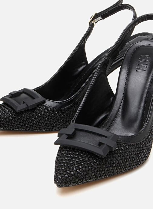Kadın Siyah Hasır Detaylı Arkası Açık Topuklu Ayakkabı - Görsel 4