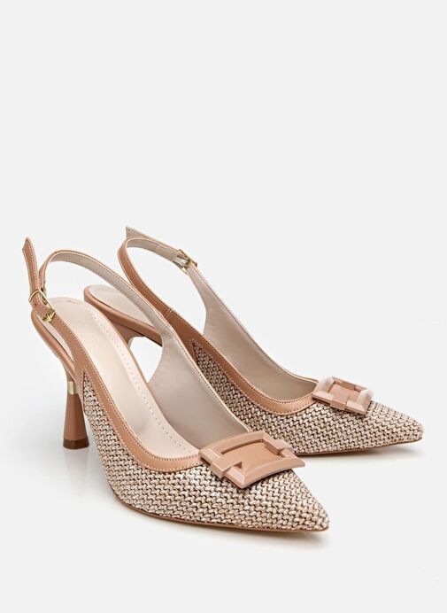 Kadın Bej Hasır Detaylı Arkası Açık Topuklu Ayakkabı - Görsel 3