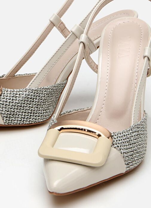 Kadın Krem Hasır Detaylı Arkası Açık Topuklu Ayakkabı - Görsel 4