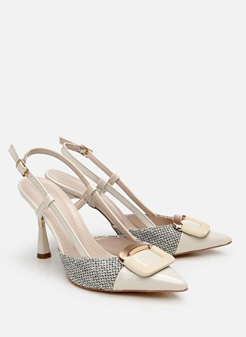 Kadın Krem Hasır Detaylı Arkası Açık Topuklu Ayakkabı - Görsel 3