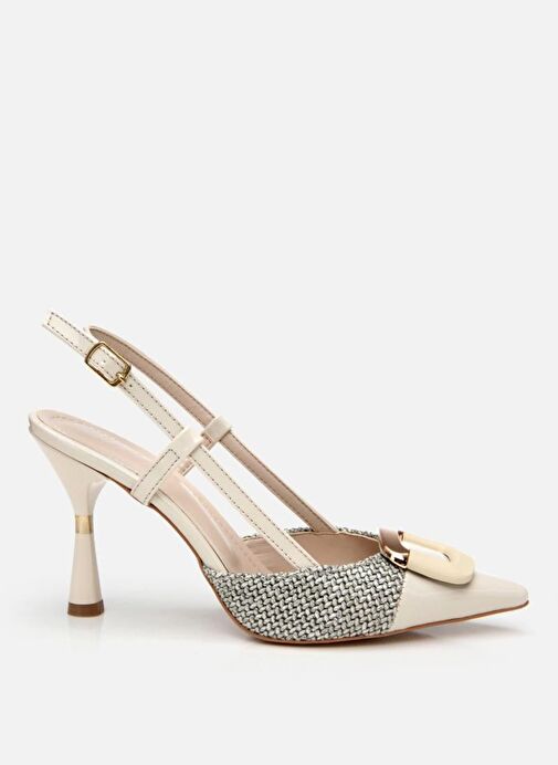 Kadın Krem Hasır Detaylı Arkası Açık Topuklu Ayakkabı - Görsel 2