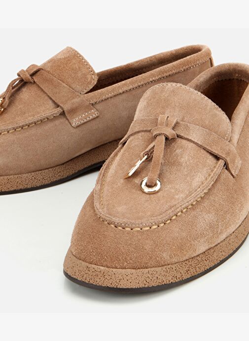 Kadın Süet Deri Vizon Gold Aksesuarlı Klasik Loafer 01AYH313260A450 - Görsel 4