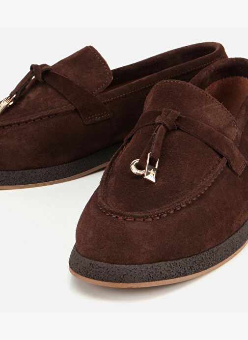 Kadın Süet Deri Kahverengi Gold Aksesuarlı Klasik Loafer 01AYH313260A480 - Görsel 4