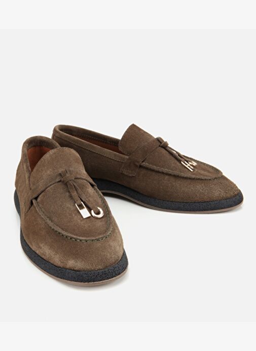Kadın Süet Deri Haki Gold Aksesuarlı Klasik Loafer 01AYH313260A880 - Görsel 3