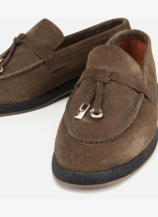 Kadın Süet Deri Haki Gold Aksesuarlı Klasik Loafer 01AYH313260A880 - Görsel 4