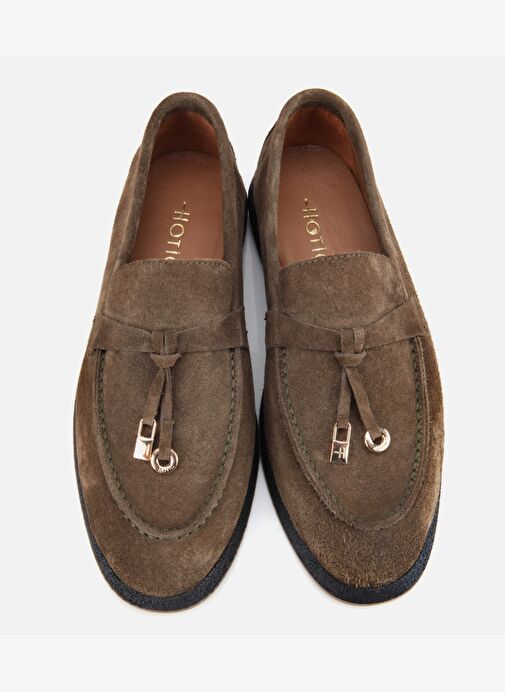 Kadın Süet Deri Haki Gold Aksesuarlı Klasik Loafer 01AYH313260A880 - Görsel 7