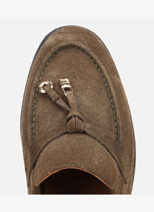 Kadın Süet Deri Haki Gold Aksesuarlı Klasik Loafer 01AYH313260A880 - Görsel 6