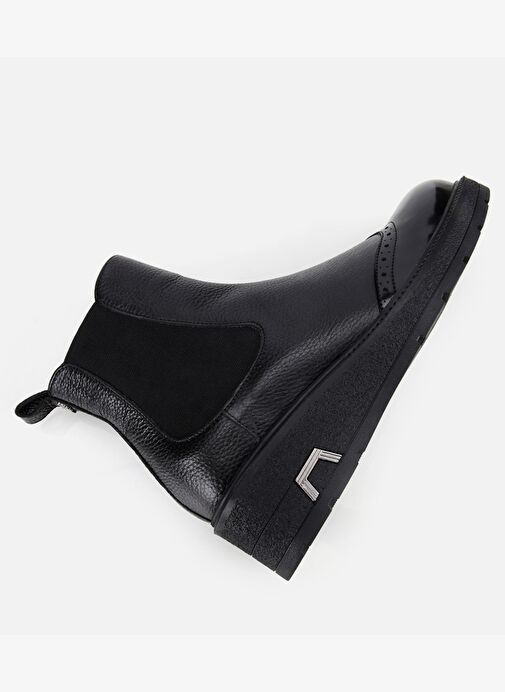 Kadın Deri Siyah Lastik Detaylı Dolgu Topuklu Bot 01BOH313380A100 - Görsel 7