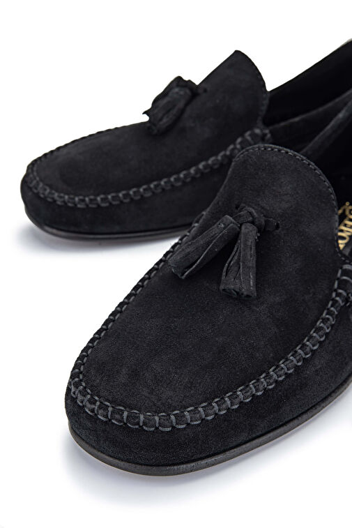 D.LEPORI Erkek Hakiki Deri Siyah Süet Loafer Ayakkabı - Görsel 5