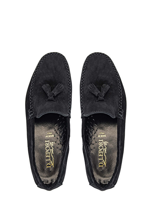 D.LEPORI Erkek Hakiki Deri Siyah Süet Loafer Ayakkabı - Görsel 6