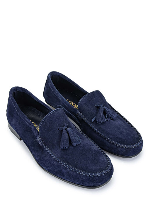 D.LEPORI Erkek Hakiki Deri Lacivert Süet Loafer Ayakkabı - Görsel 3