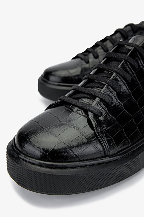 Valmenti Erkek Hakiki Deri Siyah Kroko Sneakers - Görsel 4