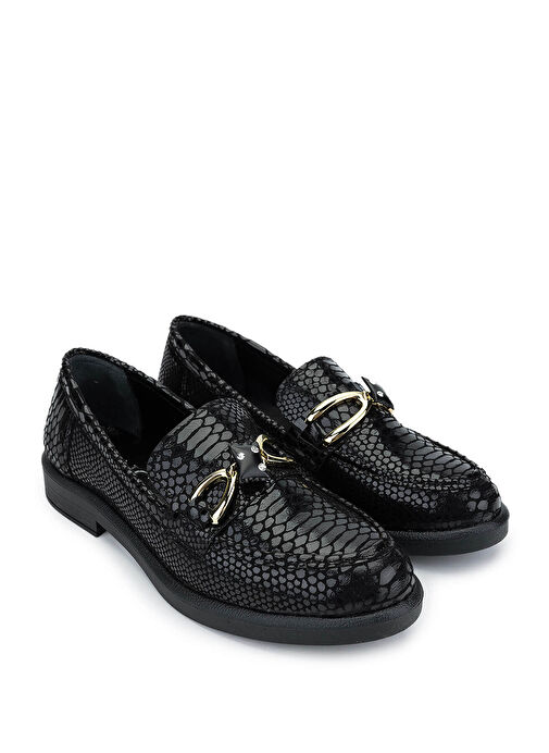 Tamer Tanca Kadın Suni Deri Siyah Kroko Loafer Ayakkabı - Görsel 3