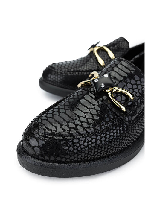 Tamer Tanca Kadın Suni Deri Siyah Kroko Loafer Ayakkabı - Görsel 4