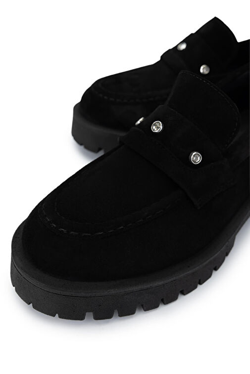 Tamer Tanca Kadın Hakiki Deri Siyah Süet Loafer Ayakkabı - Görsel 4