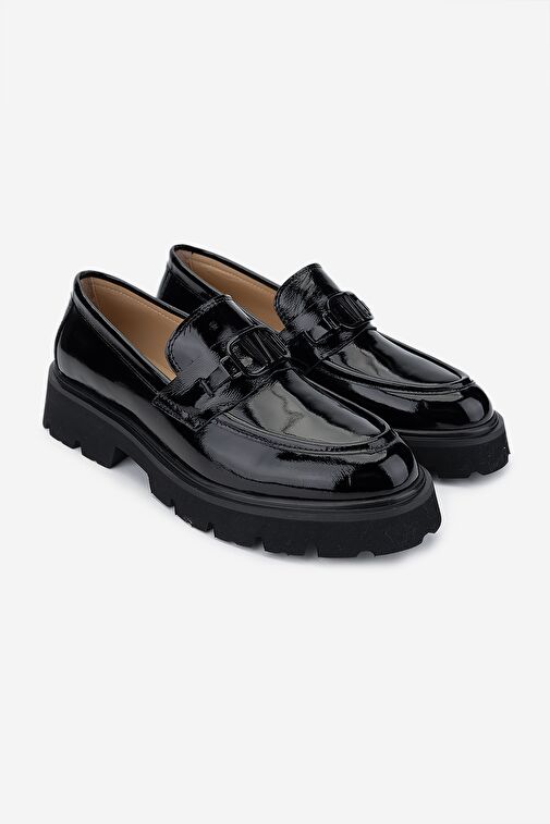 Valmenti Kadın Hakiki Deri Siyah Rugan Loafer Ayakkabı - Görsel 3