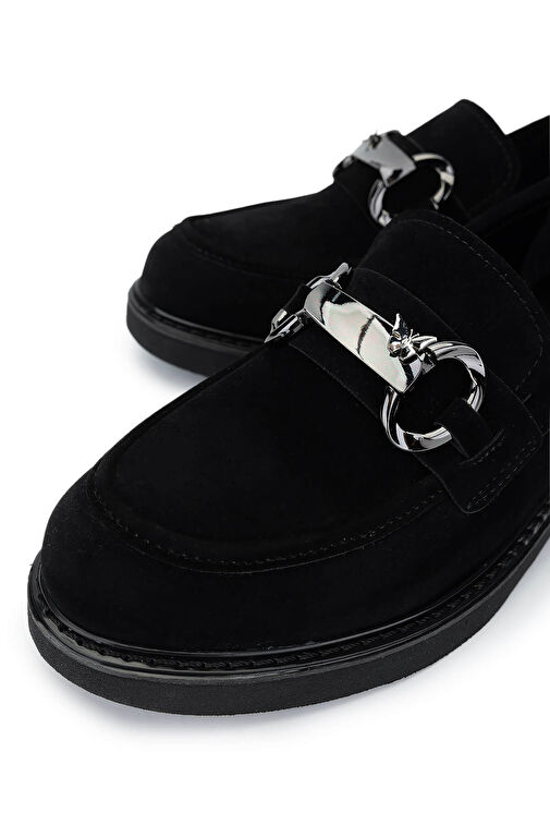 Tamer Tanca Kadın Suni Deri Siyah Süet Loafer Ayakkabı - Görsel 4