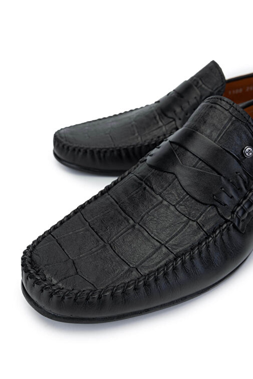 Tamer Tanca Erkek Hakiki Deri Siyah Kroko Loafer Ayakkabı - Görsel 4