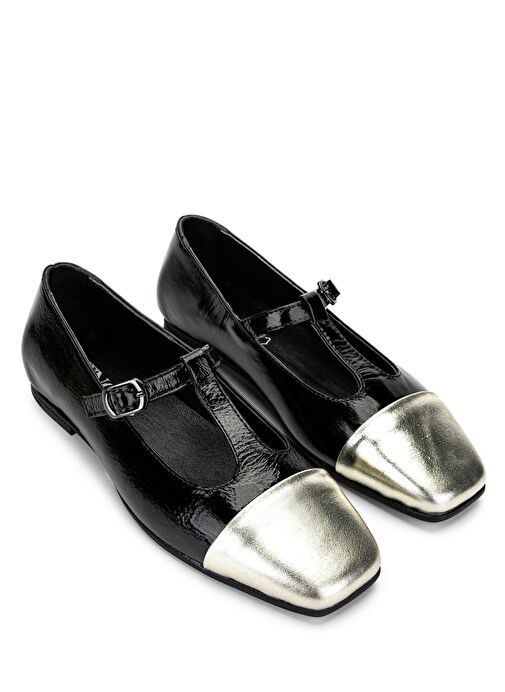 Tamer Tanca Kadın Hakiki Deri Siyah/Dore Babet Ayakkabı - Görsel 3