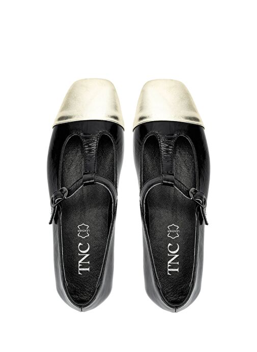 Tamer Tanca Kadın Hakiki Deri Siyah/Dore Babet Ayakkabı - Görsel 6