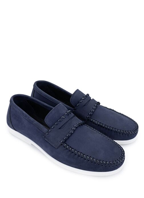 Tamer Tanca Erkek Hakiki Deri Lacivert Nubuk Loafer Ayakkabı - Görsel 3