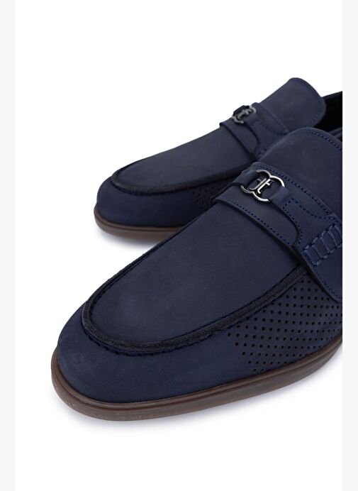 Tamer Tanca Erkek Hakiki Deri Lacivert Nubuk Loafer Ayakkabı - Görsel 4