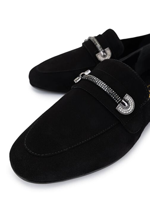 Tamer Tanca Kadın Hakiki Deri Siyah Süet Loafer Ayakkabı - Görsel 4