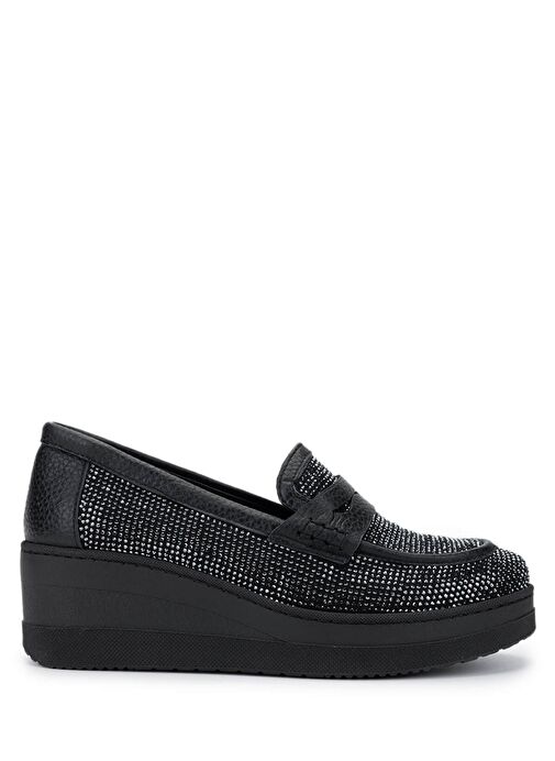 Tamer Tanca Kadın Hakiki Deri Siyah Taşlı Loafer Ayakkabı - Görsel 2