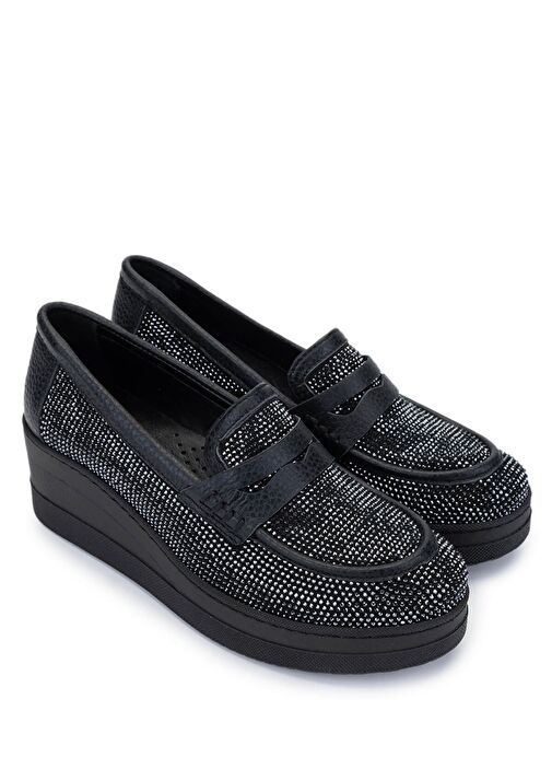 Tamer Tanca Kadın Hakiki Deri Siyah Taşlı Loafer Ayakkabı - Görsel 3