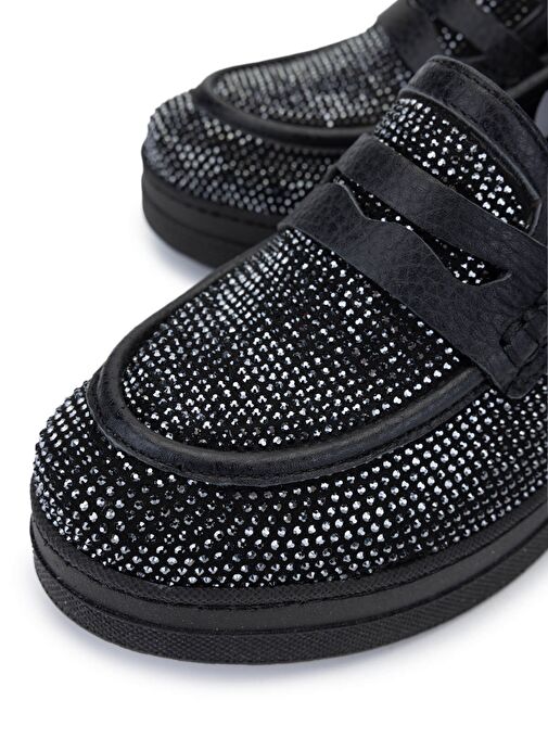 Tamer Tanca Kadın Hakiki Deri Siyah Taşlı Loafer Ayakkabı - Görsel 4