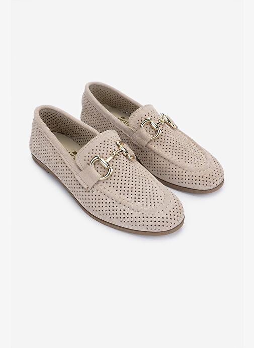 Valmenti Kadın Hakiki Deri Bej Süet Loafer Ayakkabı - Görsel 3