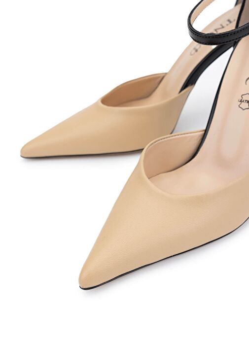 Tamer Tanca Kadın Hakiki Deri Bej/Siyah Topuklu Ayakkabı - Görsel 4