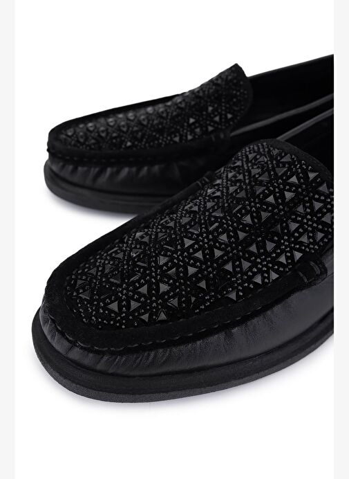 Tamer Tanca Kadın Hakiki Deri Siyah/Siyah Taş Loafer Ayakkabı - Görsel 4