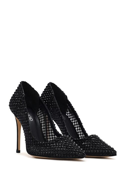 Kadın Siyah Taşlı Yüksek İnce Topuklu Deri Stiletto 25SFD1214TS - Görsel 4