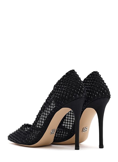 Kadın Siyah Taşlı Yüksek İnce Topuklu Deri Stiletto 25SFD1214TS - Görsel 7