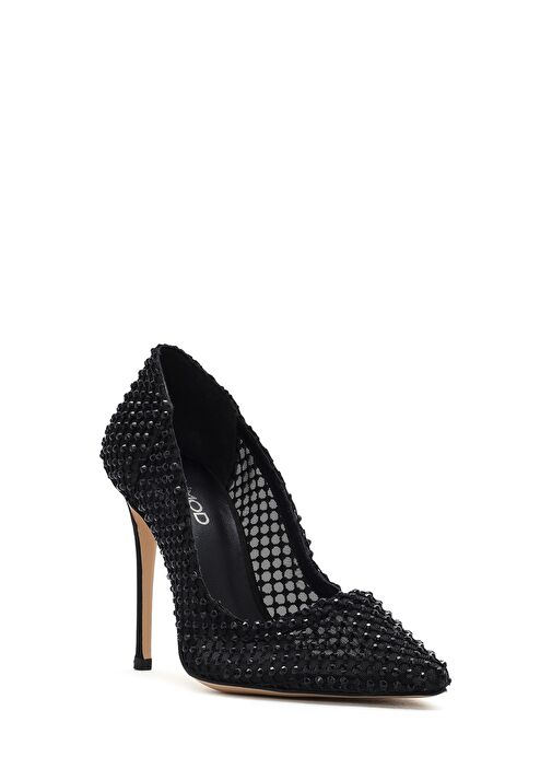 Kadın Siyah Taşlı Yüksek İnce Topuklu Deri Stiletto 25SFD1214TS - Görsel 8