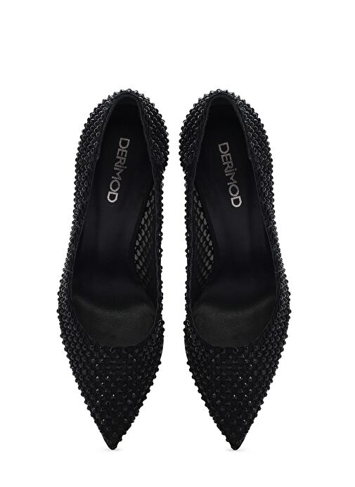 Kadın Siyah Taşlı Yüksek İnce Topuklu Deri Stiletto 25SFD1214TS - Görsel 9