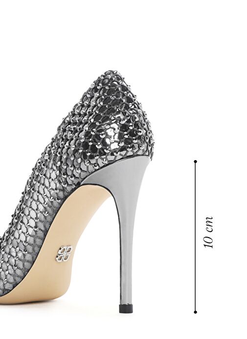 Kadın Gümüş Taşlı Yüksek İnce Topuklu Deri Stiletto 25SFD1214TS - Görsel 3
